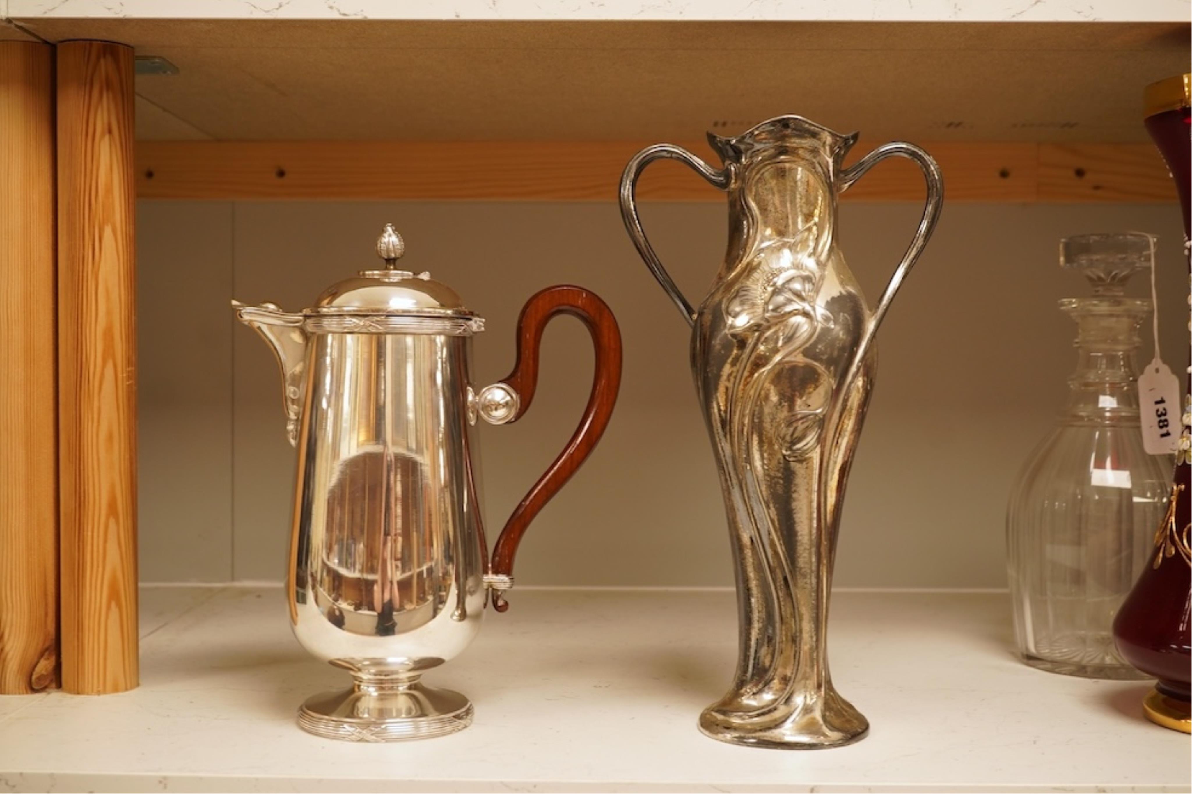 An Art Nouveau silver plated vase in WMF style, and a plated chocolate pot, vase 30cm high